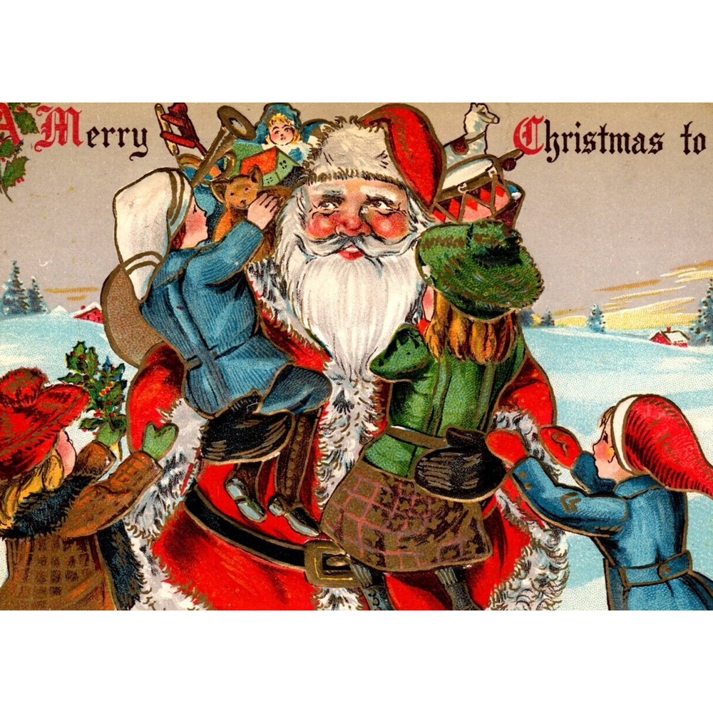 Santa Claus Christmas Postcard Holding Children Toy Doll Drum Horse Bear 1908 JB